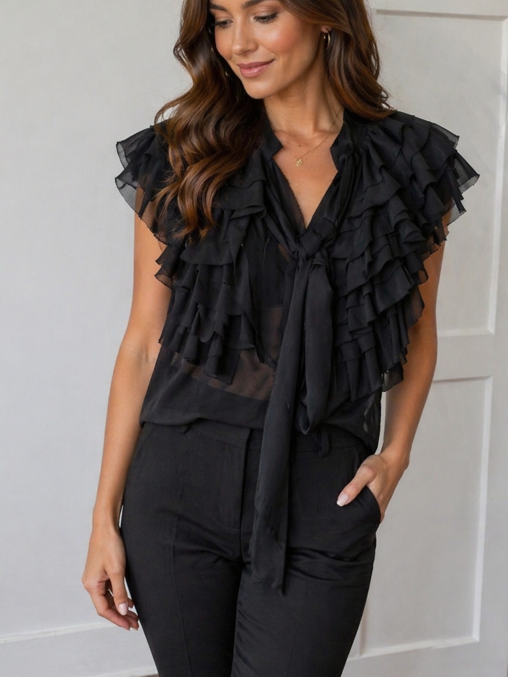Gracia Black Ruffle Tie-Neck Blouse
